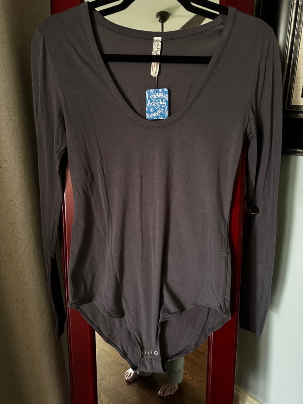 NWTs Free People Long Sleeve Scoop-Neck Bodysuit in Charcoal